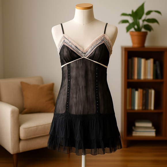 Heart Soul Women’s Small Sheer Black Lace Trim Babydoll Slip Dress - Picture 1 of 13